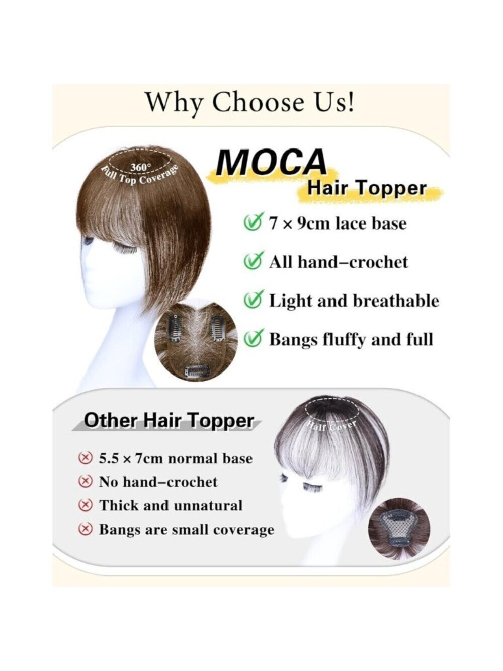 Women Brown Real Human Hair Topper 10 Inch Clip In Bangs Medium Silk BASE - Picture 6 of 7